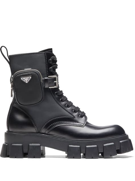 prada black leather knee-high boots|Prada ankle pouch combat boots.